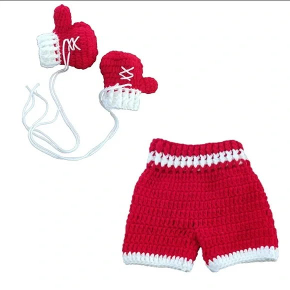 Red Crochet Baby Shorts and Mittens Boxer Set. Photo Prop NB-3M - Picture 2 of 6